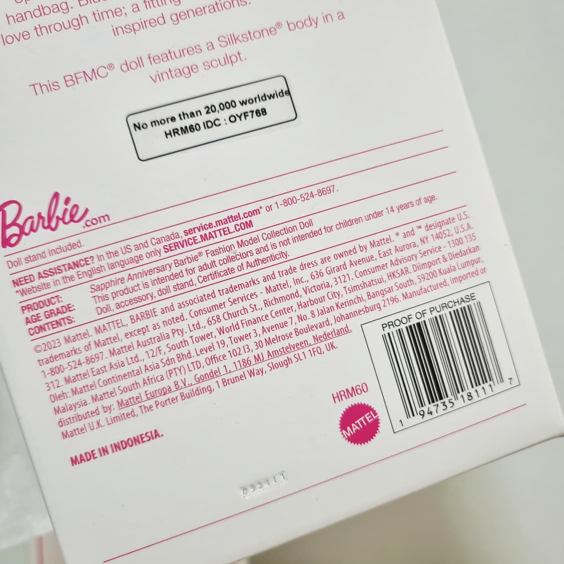 실크스톤 바비 패션모델 컬렉션 사파이어 마텔 65주년 2천점 한정판  상품이미지8
