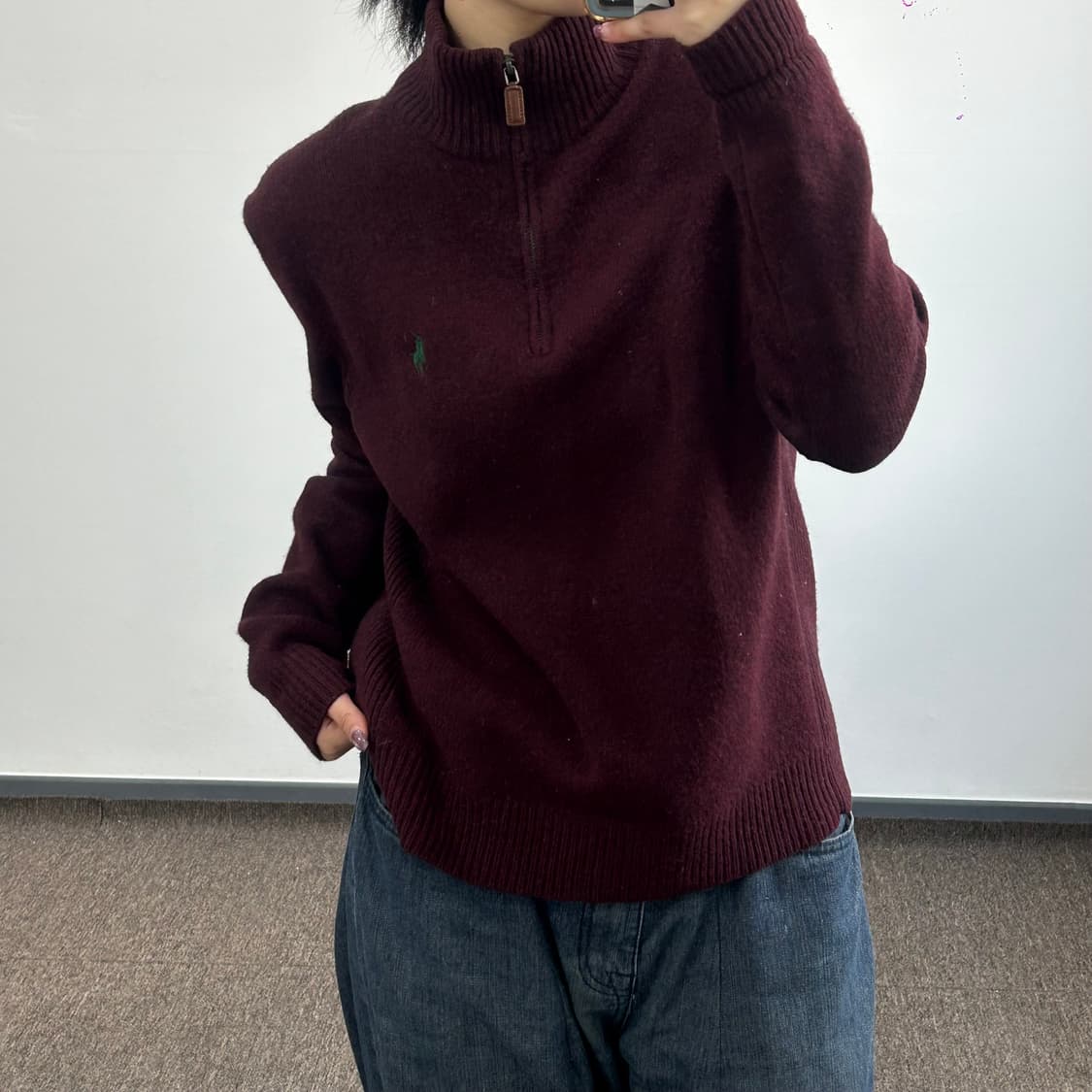 Polo 폴로 그린 포니 버건디 니트 반집업 상품이미지2