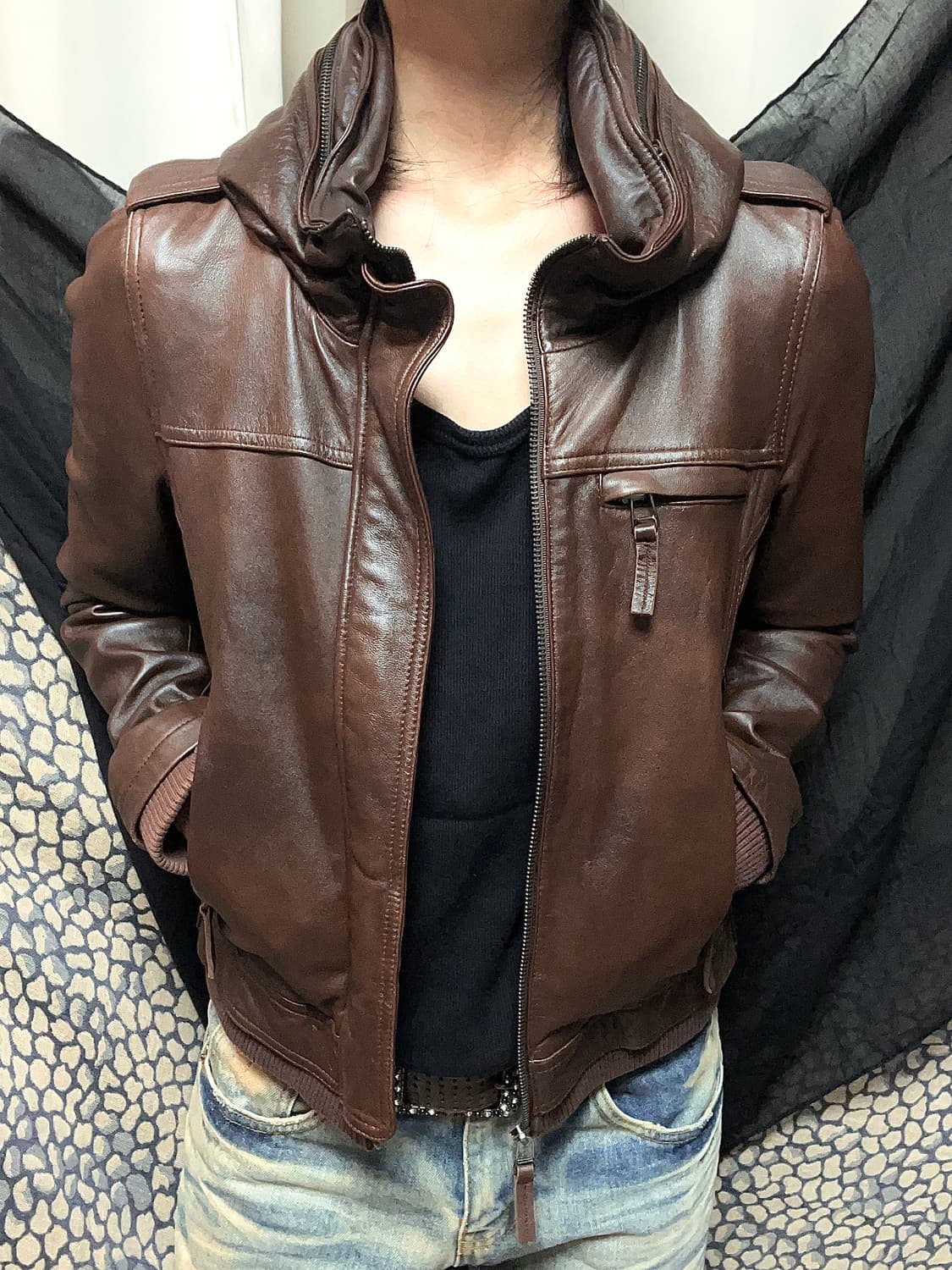 Italy 이태리 렘 스킨 하이넥 지퍼 브라운 레더자켓 상품이미지2