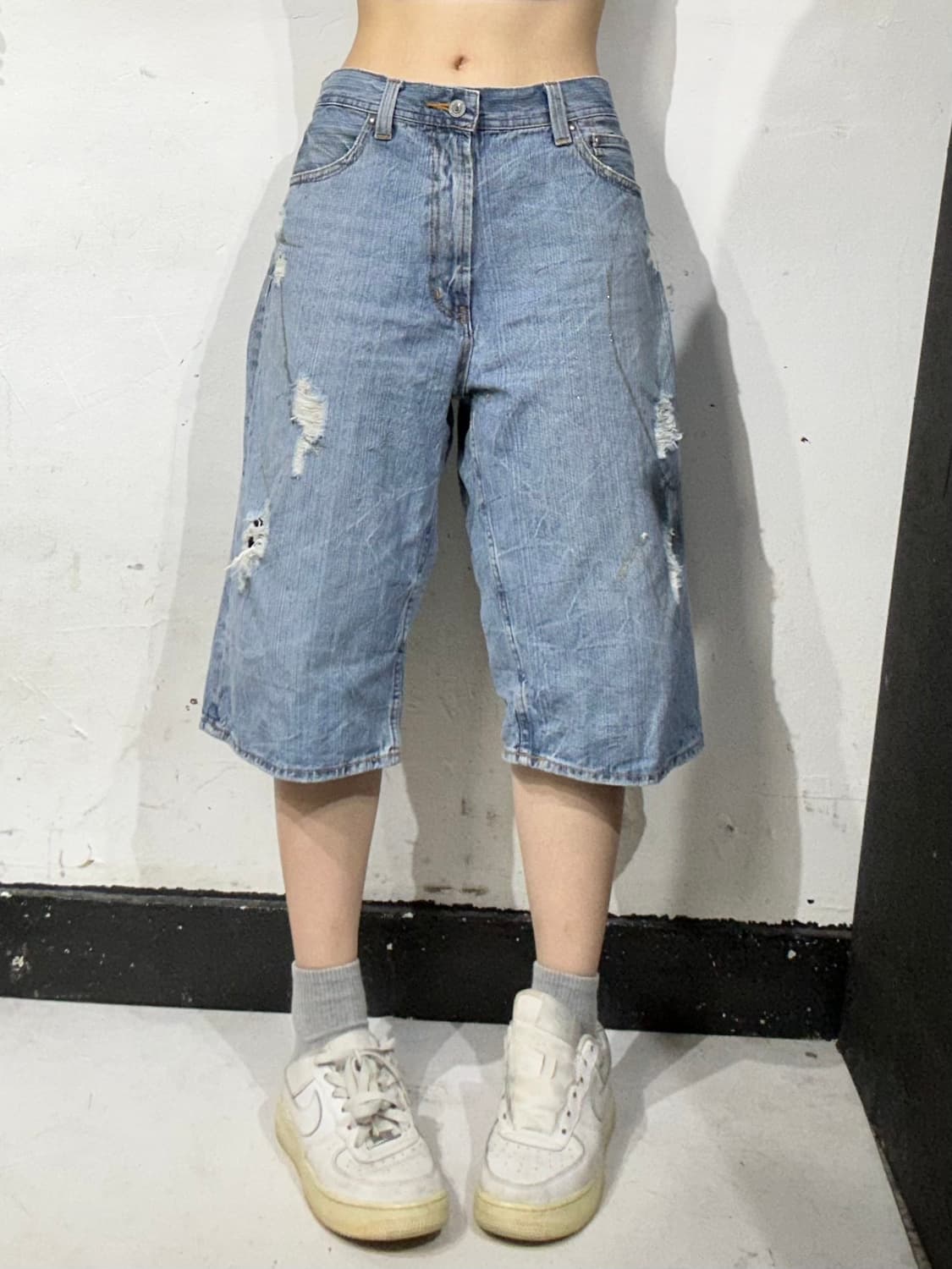 일본 빈티지 연청 데님 반바지 데미지 버뮤다 팬츠 상품이미지2
