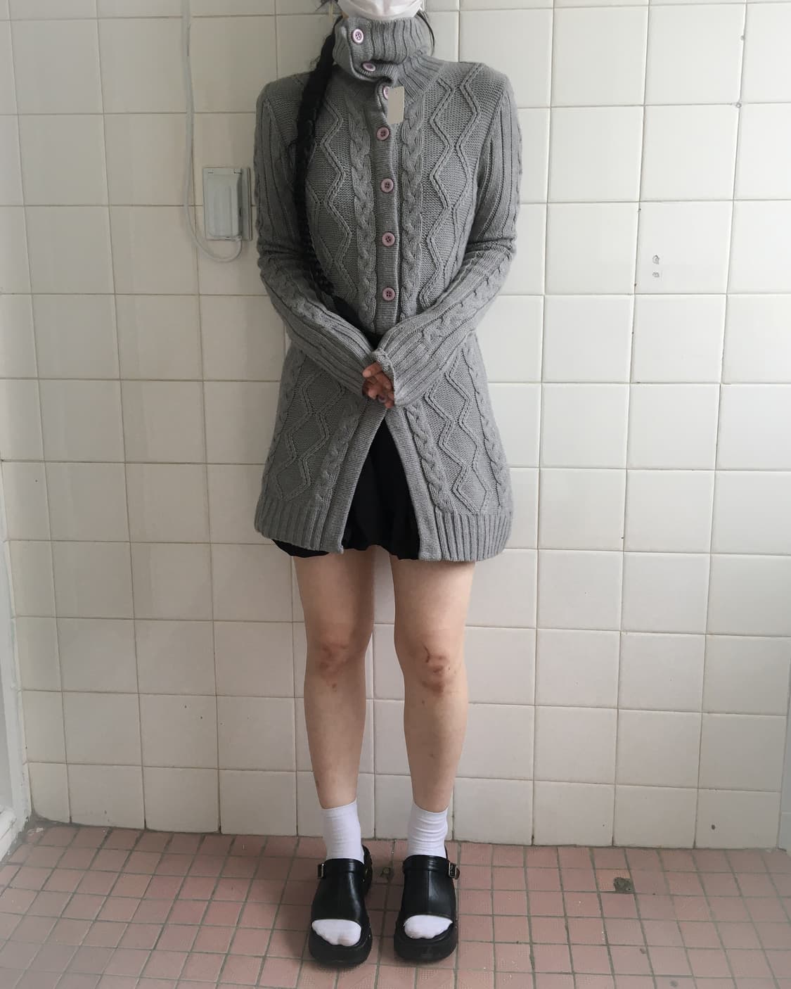 Cable pattern high neck long knit cardig 상품이미지8