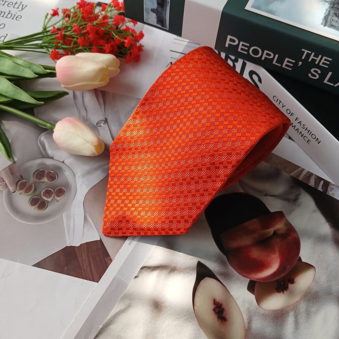 아쿠아스큐텀 실크 오렌지 자카드 패턴 넥타이 9.5cm A+등급 E865 상품이미지3
