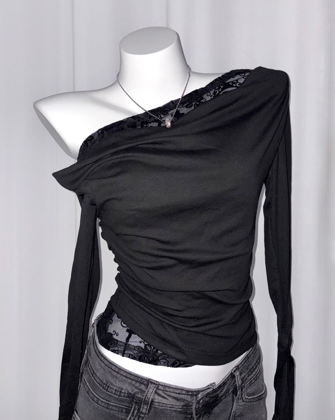 레이스 언발란스 오프숄더 일본 하라주쿠 쿠로갸루 st 상품이미지1