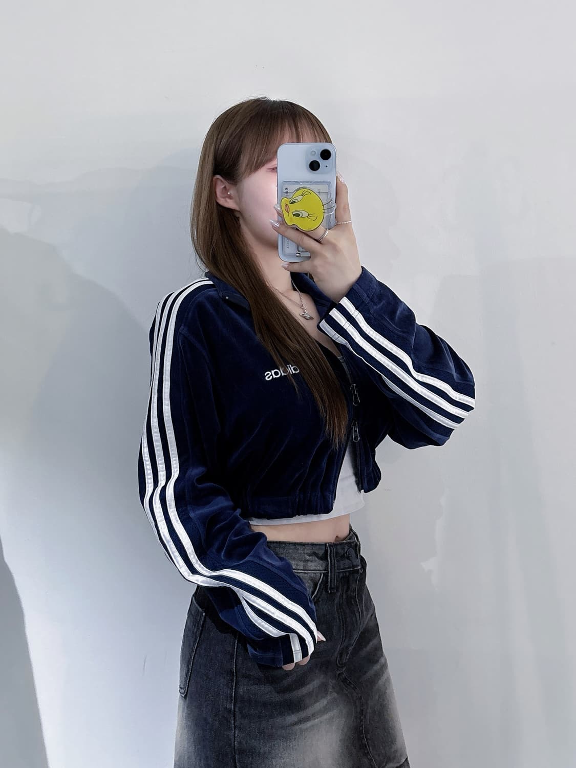 아디다스 네이비 벨벳 투웨이 크롭 트랙탑 상품이미지2