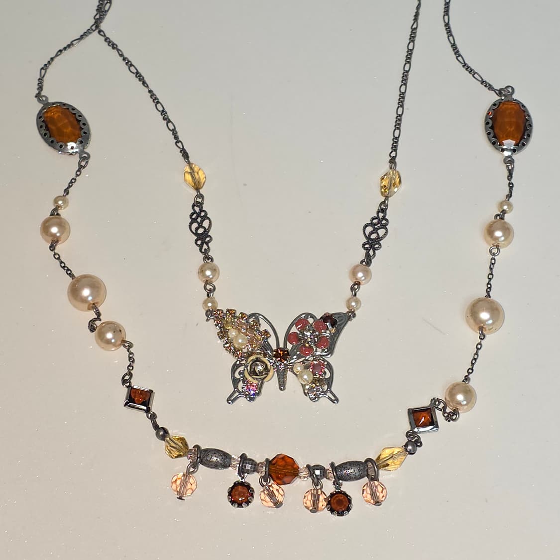 엑시즈팜 희귀 일본고전빈티지)2연줄 버터플라이 앤틱 비즈큐빅 로맨틱목걸이 상품이미지2