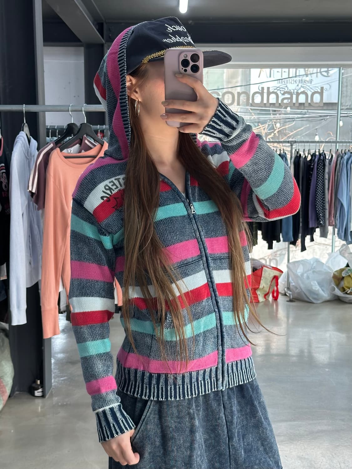 히스테릭글래머 피그먼트워시드 스트라이프 카툰 니트 후드집업 상품이미지3