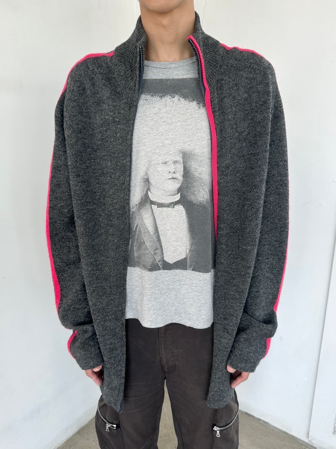 02aw 요지 뿌르옴므 핑크 라인 울 집업 상품이미지4