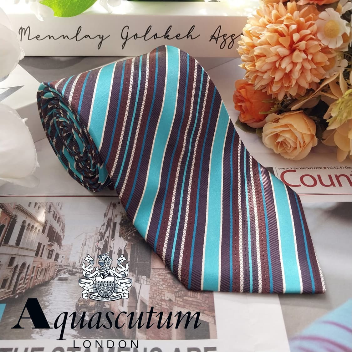 아쿠아스큐텀 터콰이즈 스트라이프 넥타이 9.2cm A+등급 K1955 상품이미지2