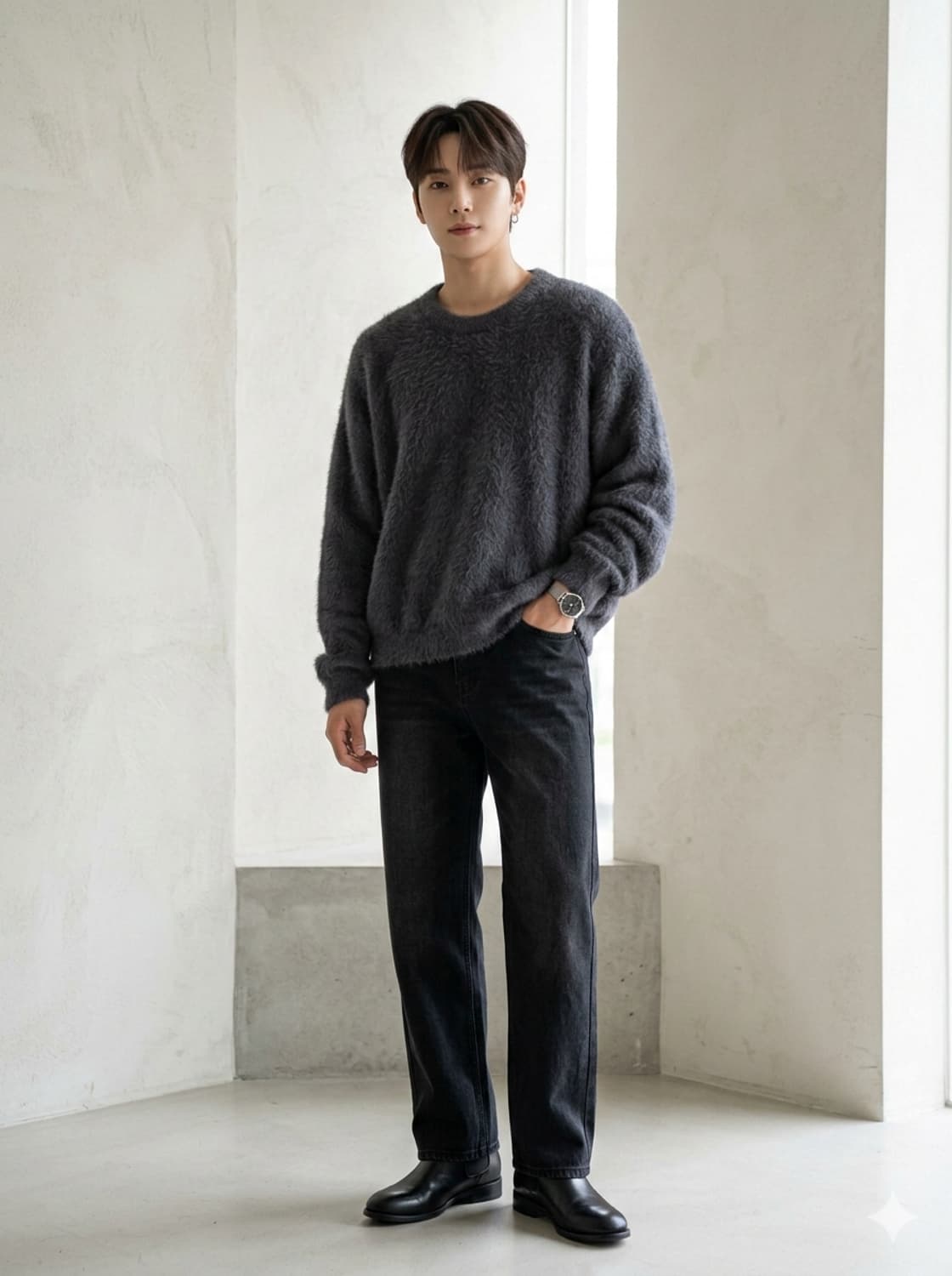 디미트리블랙 차콜 헤어리 라운드 니트 상품이미지1