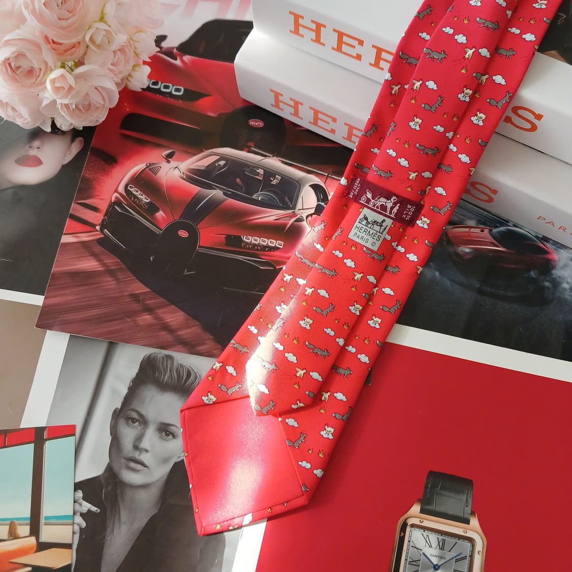 에르메스 실크 레드 닭&여우 패턴 넥타이 9.2cm A+등급 A19027 상품이미지4
