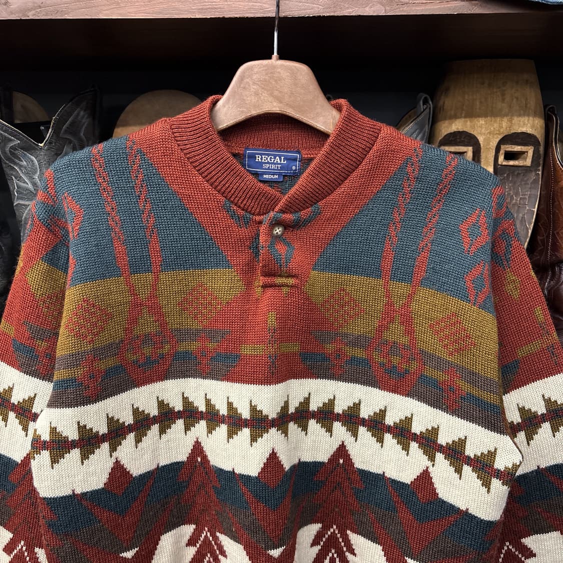 90s 빈티지 자카드 나바호 패턴 헨리넥 울 스웨터 상품이미지3