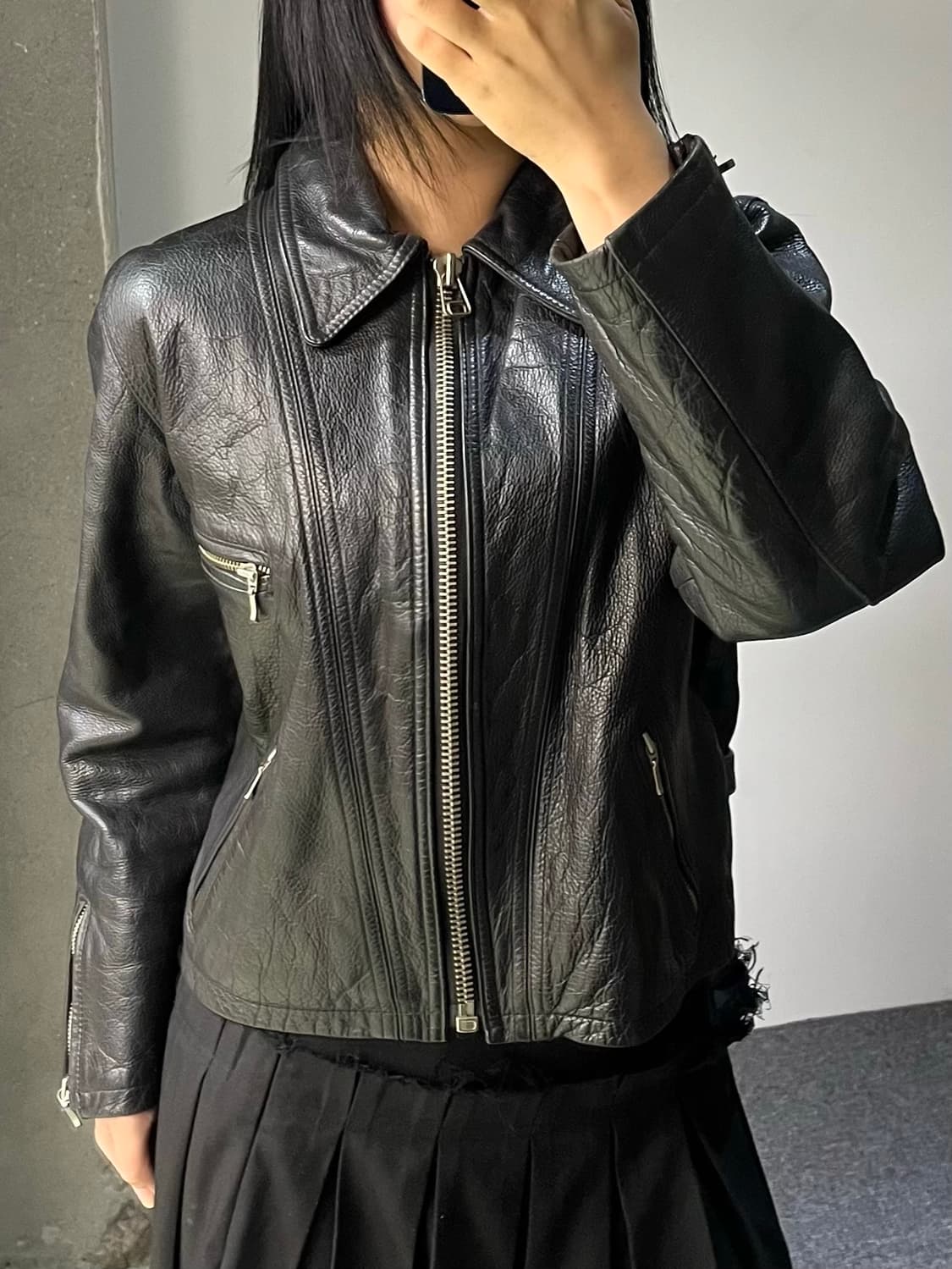 Hae Dong 90's 크롭 카우 레더 자켓 상품이미지2