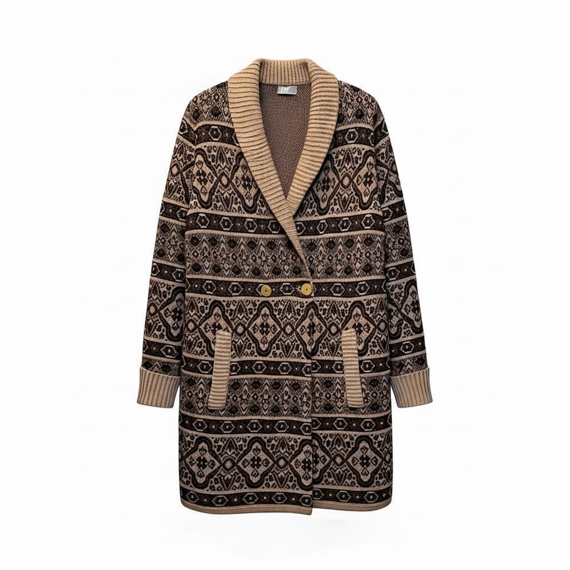 ITALY VINTAGE 롱 울 가디건 에스닉 패턴 투포켓 디테일 브라운 상품이미지1