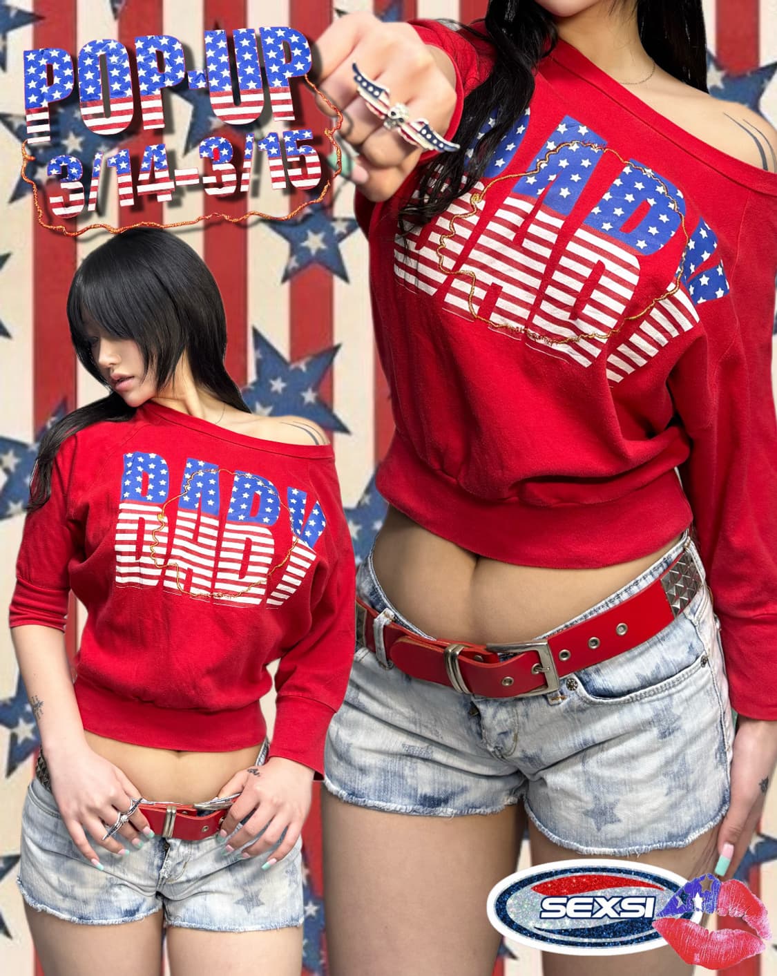 Y2K 성조기 BABY 로고 레터링 돌먼 탑 상품이미지1