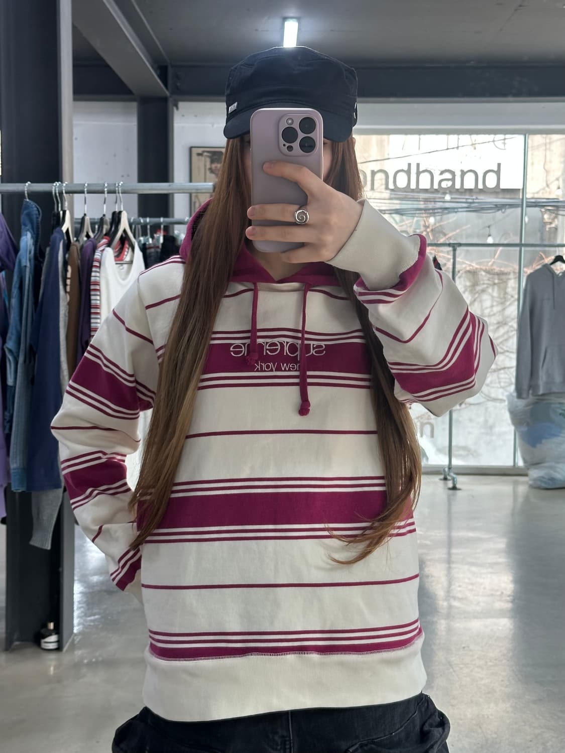 슈프림 16FW 스트라이프 후디드 크루넥 마젠타 상품이미지3