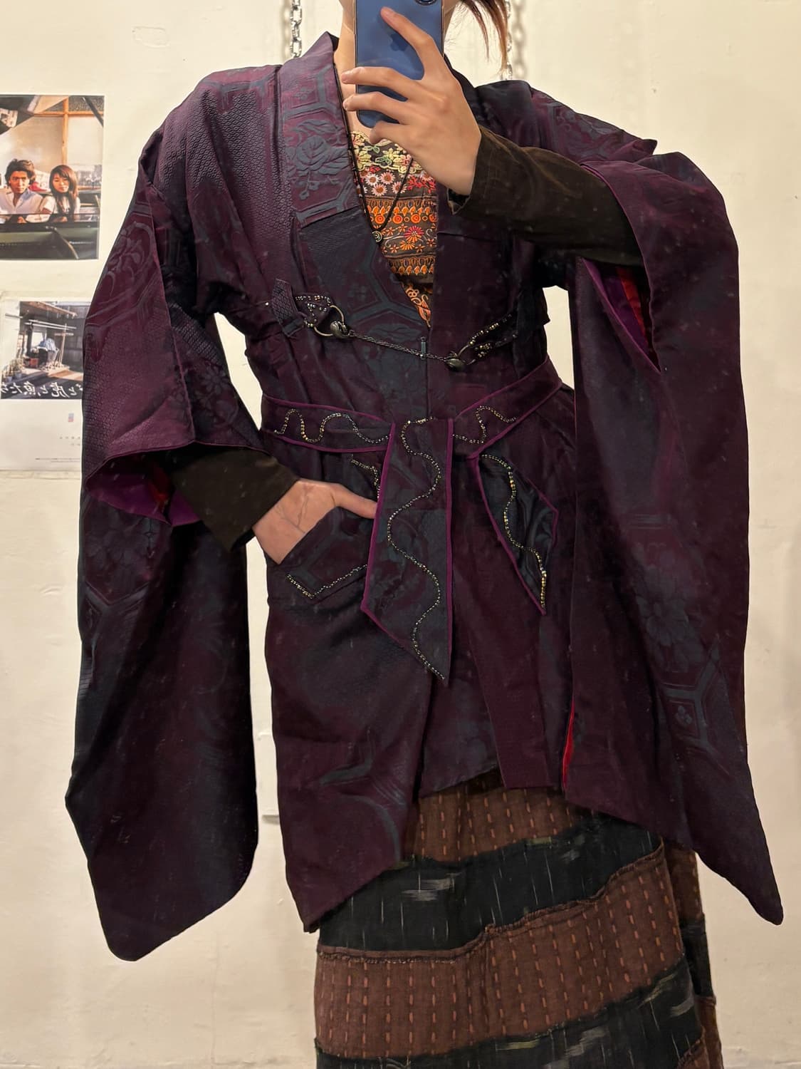 오리엔탈 패턴 자수 체인 버클 퍼플 기모노 상품이미지1