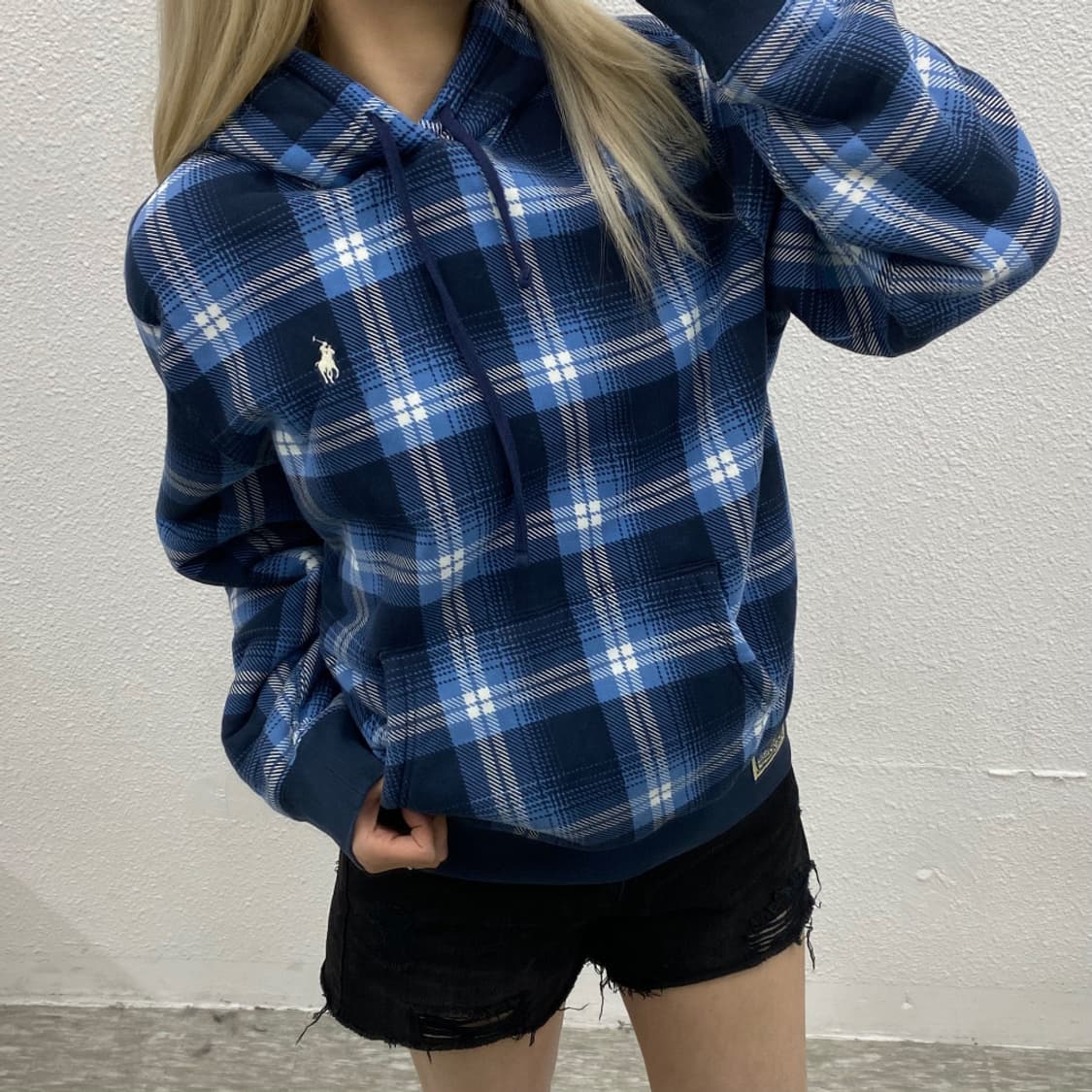 폴로 랄프로렌 화이트포니 블루 타탄체크 기모 후드 M 상품이미지1