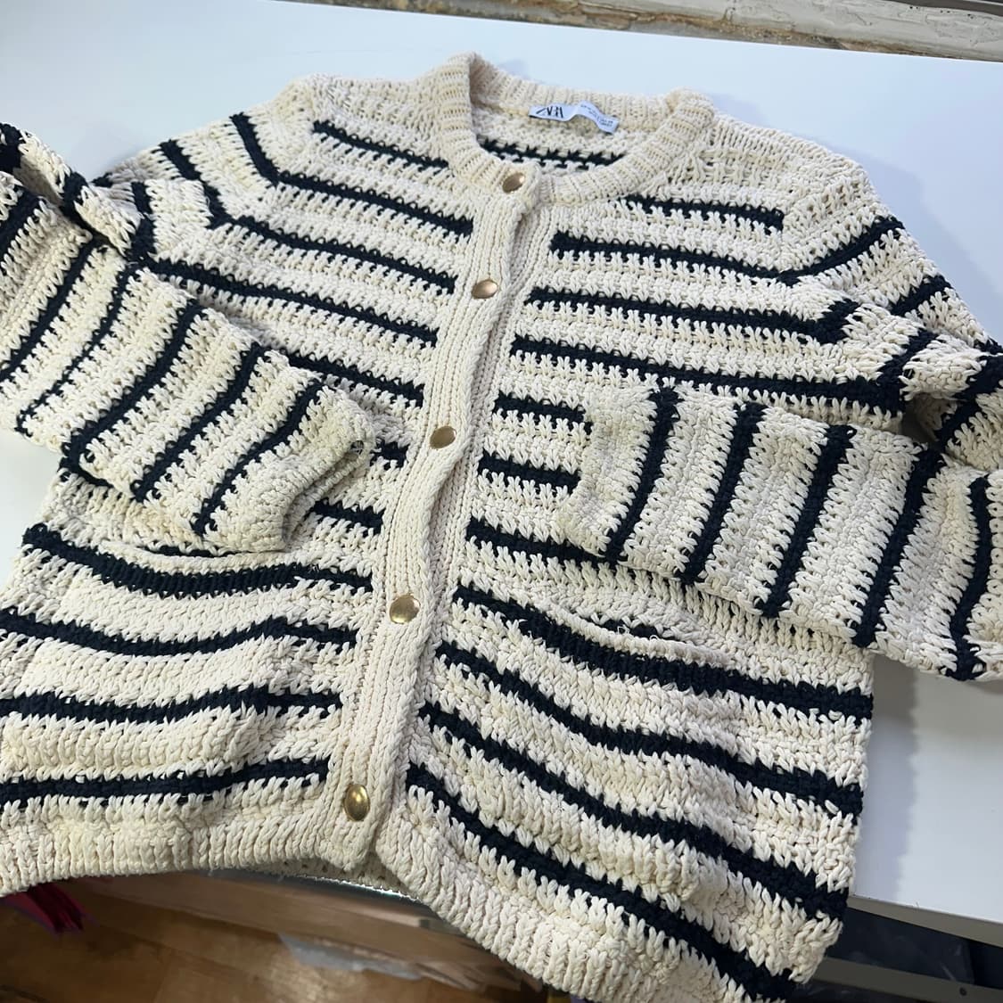 우먼M 자라우먼 루즈핏 크림네이비 U넥 면니트가디건 상품이미지1