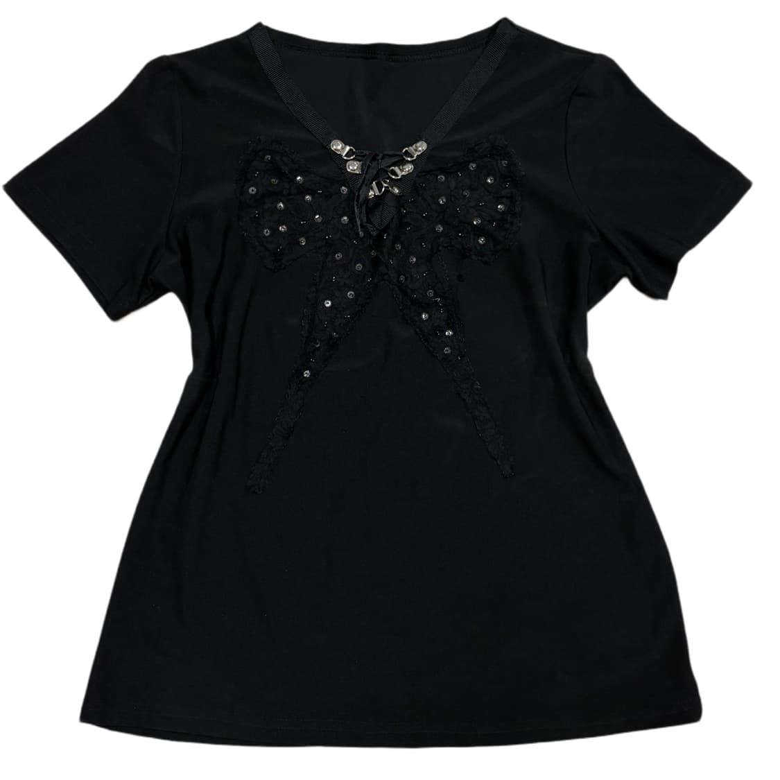 (이체시에눌) 일본 고딕 펑크 리본 패치 스팽글 레이어드 브이넥 반팔 상품이미지2