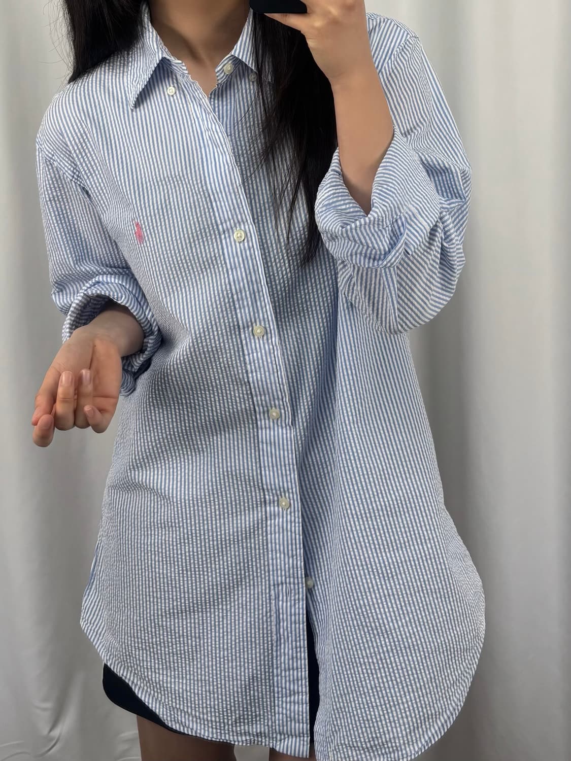 폴로 블루 클래식 핏 시어서커 스트라이프 셔츠 상품이미지1