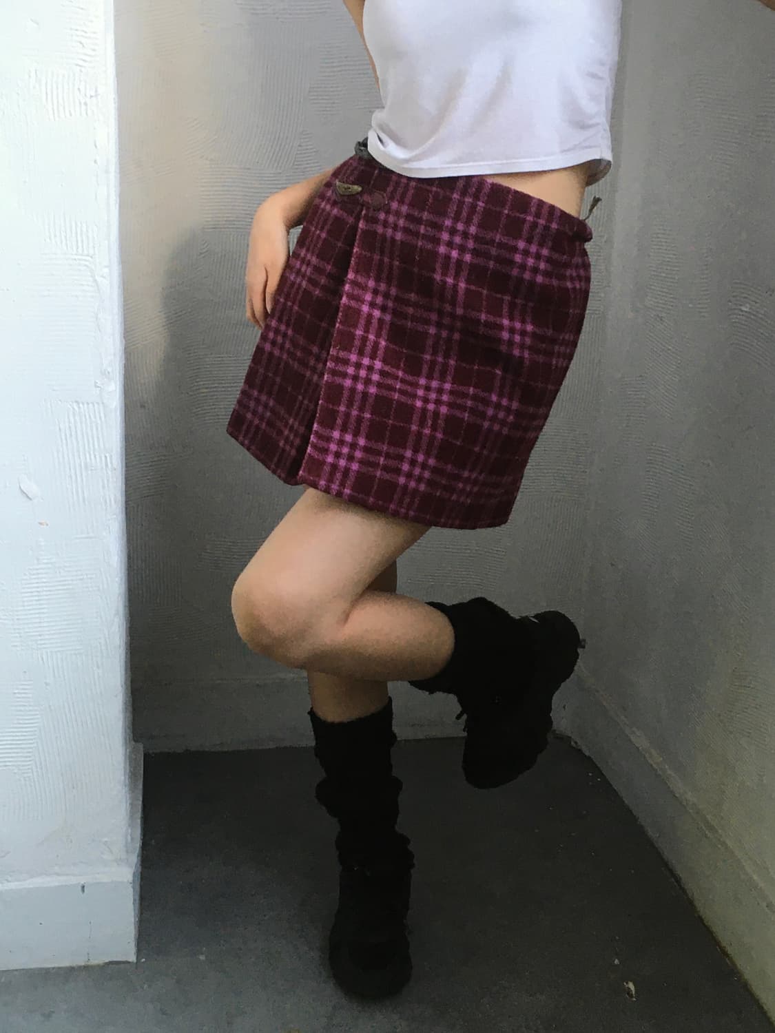 Burberry 버버리 블루 라벨 퍼플 체크 울 랩스커트  상품이미지3