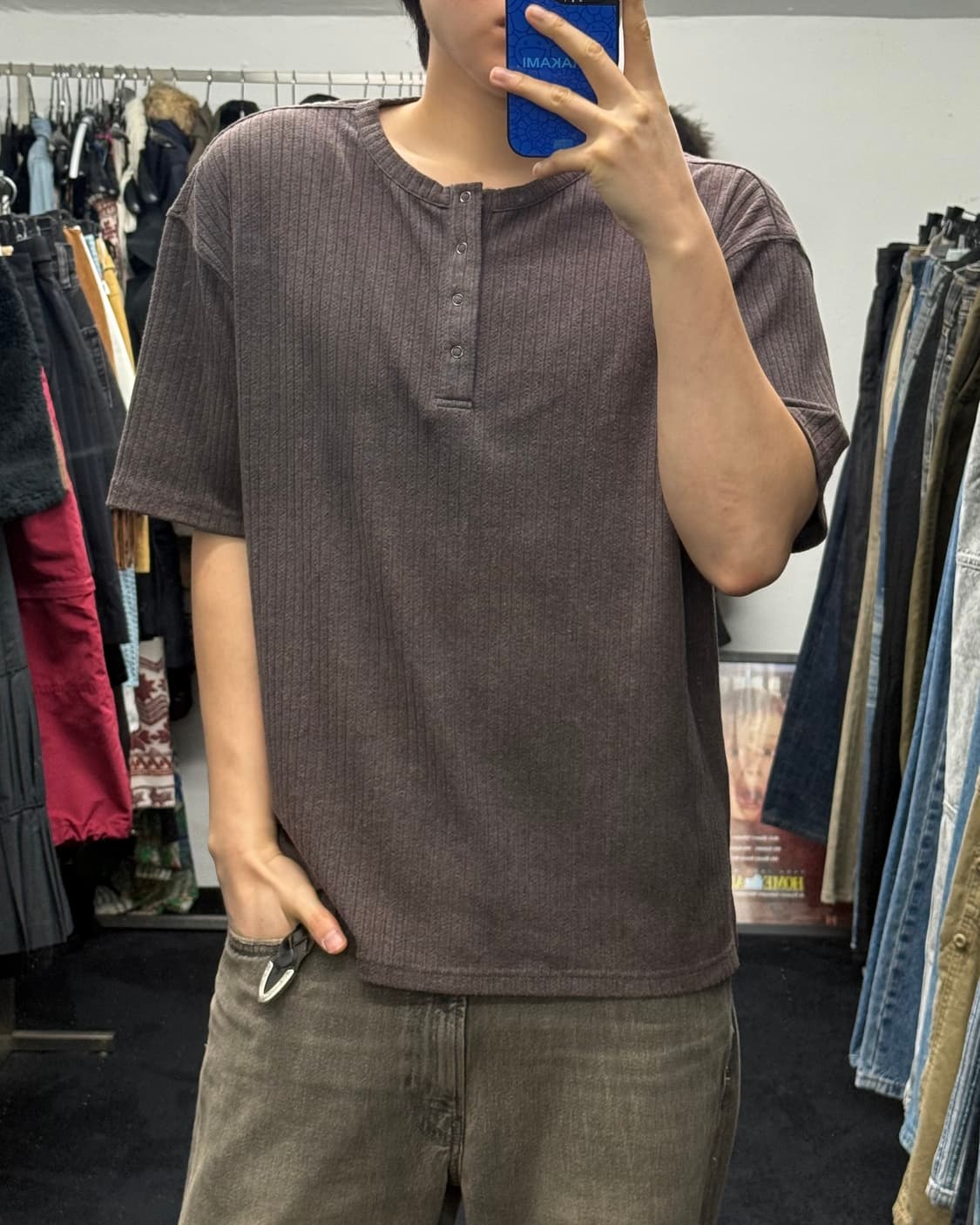 빅유니온 헨리넥 스트라이프 반팔 니트 갈색 브라운 차콜 S 웨스턴 오버핏 상품이미지1