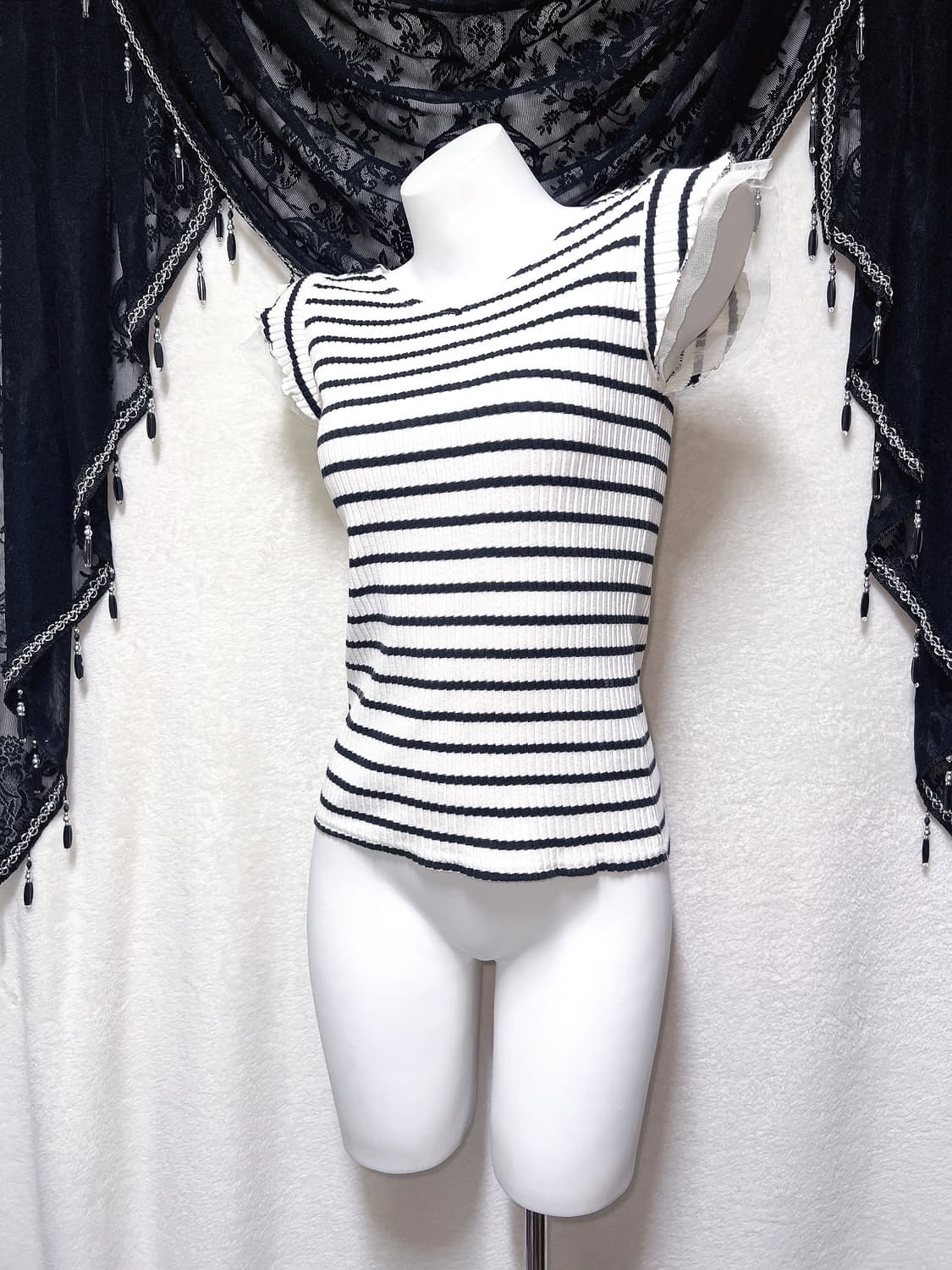 로맨틱갸루 스트라이프 프릴레이스 반팔 로걀탑 베메클 히메 오네 헤이세이 상품이미지4