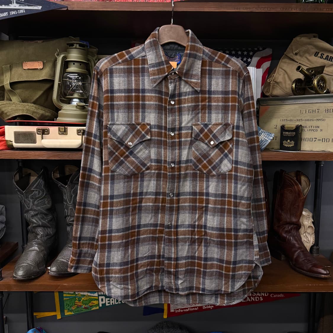 80s 펜들턴 퓨어 버진 울 플란넬 워크 체크 셔츠 펄 스냅 N123 상품이미지1