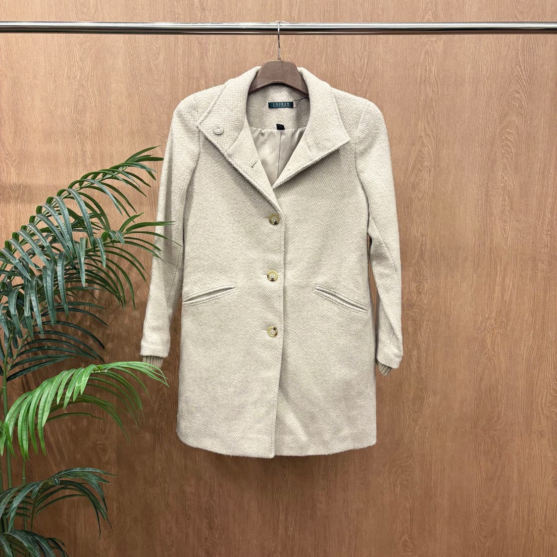 랄프로렌 울 블렌드 코트 헤링본 싱글 버튼 니트 시보리 디테일 아이보리 상품이미지1