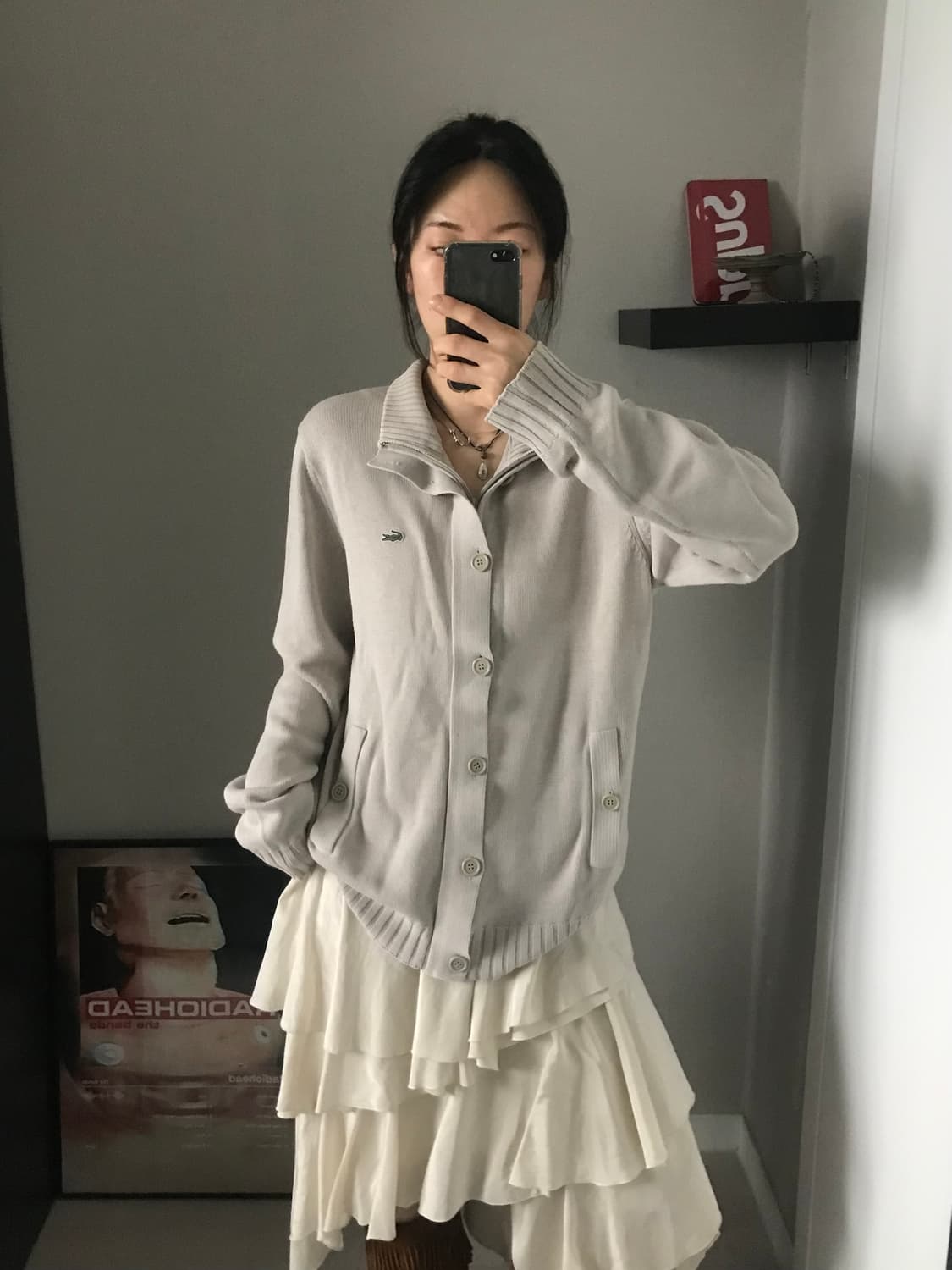 라코스테 로고 베이지 버튼 니트 집업 상품이미지3