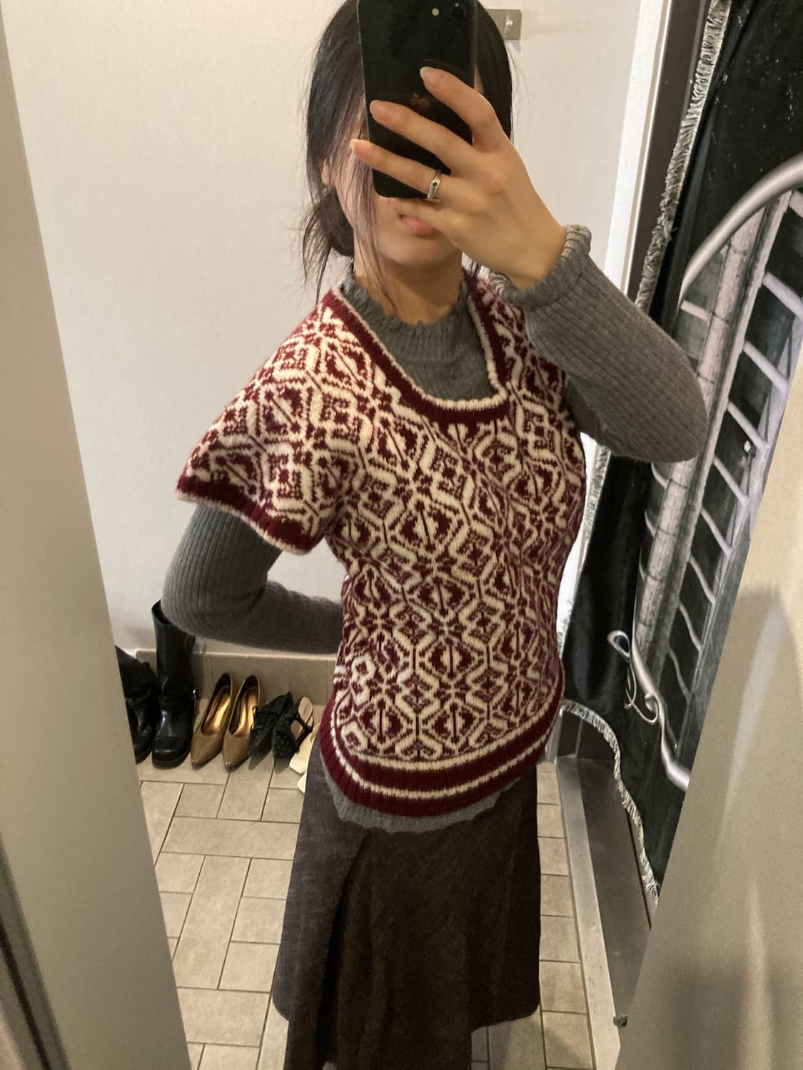 버건디 패턴 스퀘어넥 반팔 니트 상품이미지1