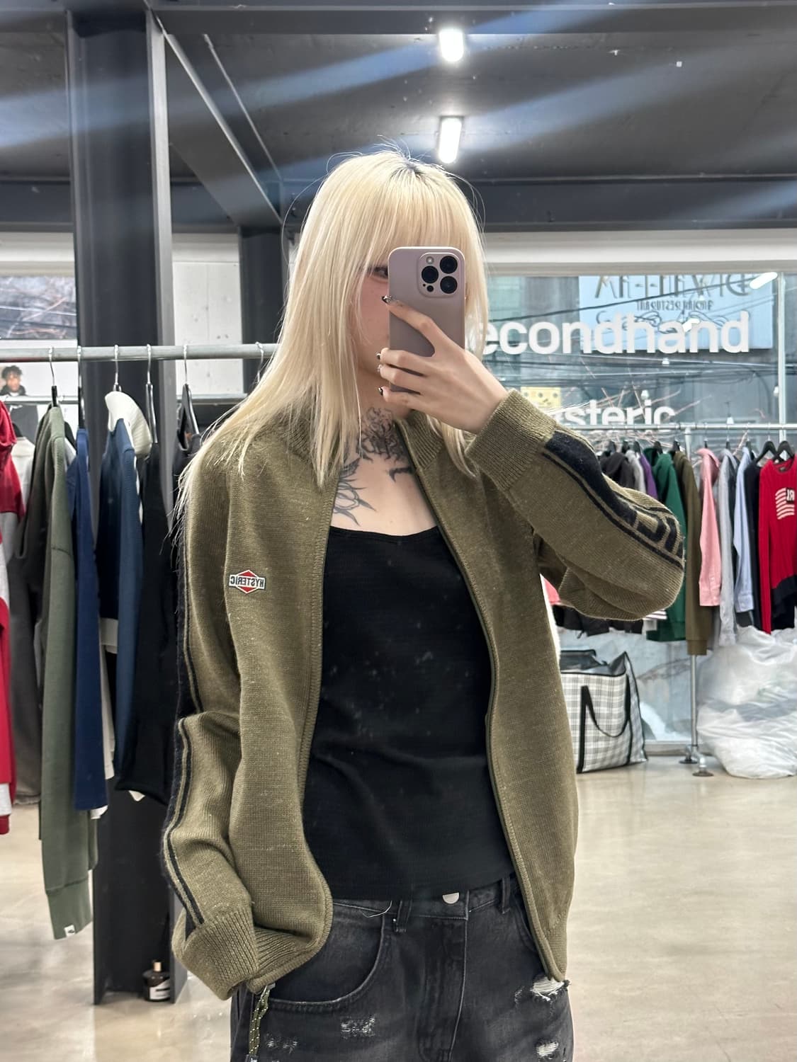 히스테릭글래머 로고 자수 카키 니트 집업 상품이미지2