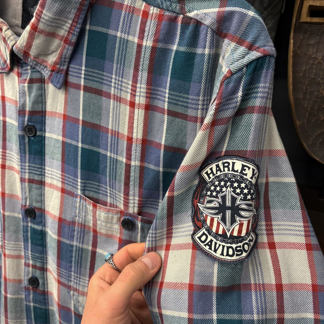00s 할리데이비슨 아메리칸 슬리브패치 트윌코튼 체크 바이커셔츠 N197 상품이미지6