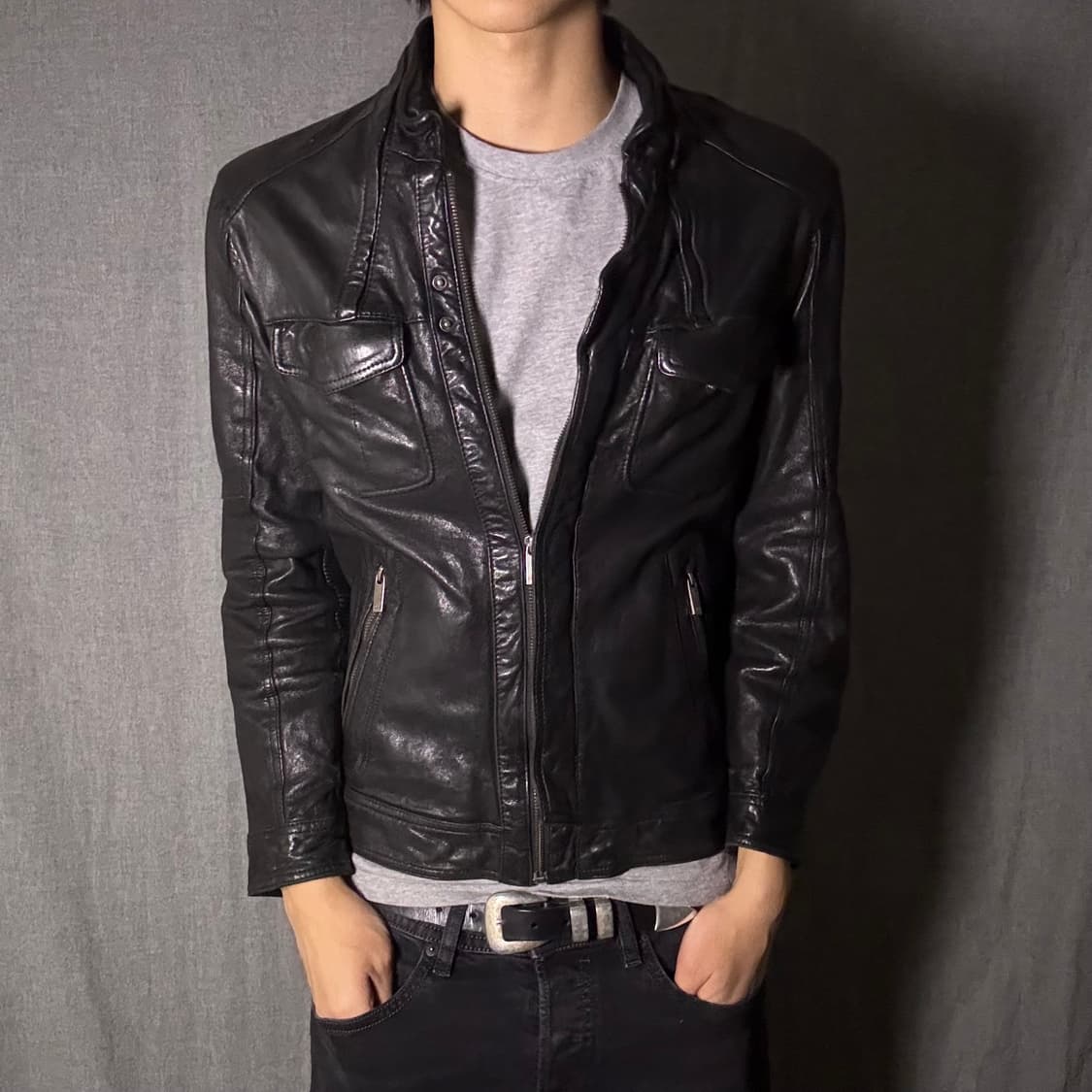 블랙 레더 양가죽 라이더 자켓 상품이미지1