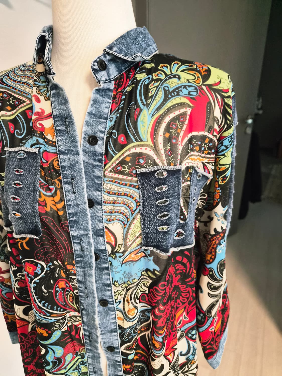 에스닉 페이즐리 데님 믹스 롱 셔츠 원피스 상품이미지3