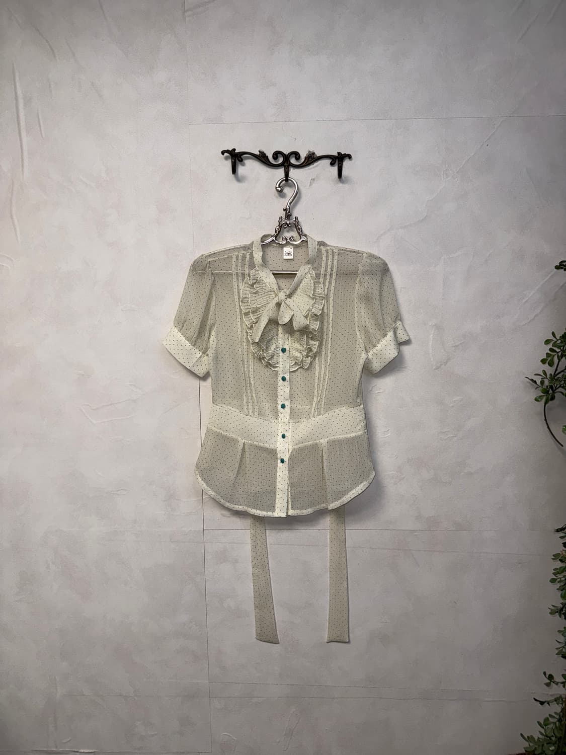 Mint dot chiffon ruffle ribbon blouse  상품이미지4