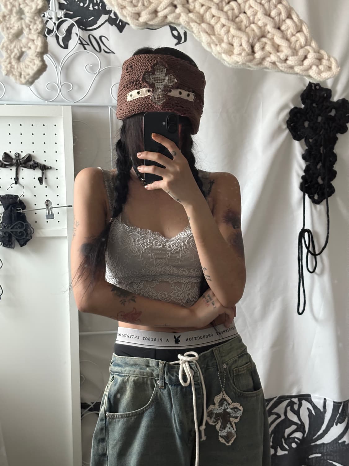 • hurtmade Brown Crochet Cross Damage Ha 상품이미지4