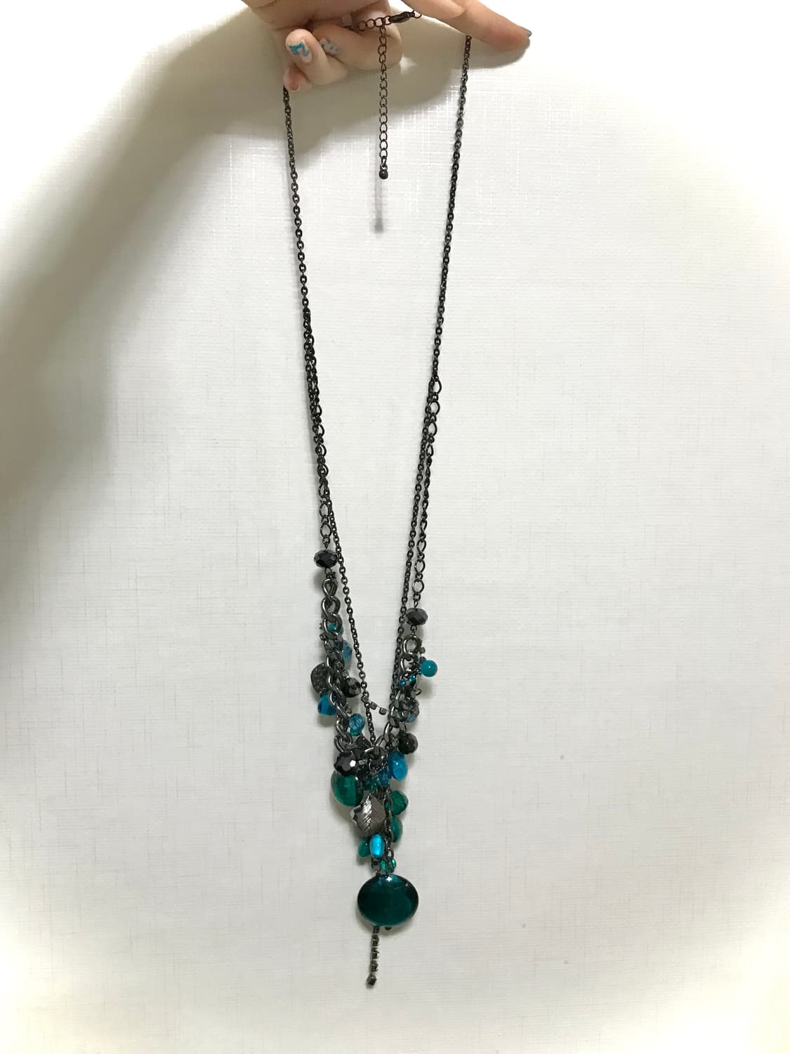 빈티지 딥터콰이즈 청록 비즈 롱 드롭 두줄 체인 목걸이 상품이미지6