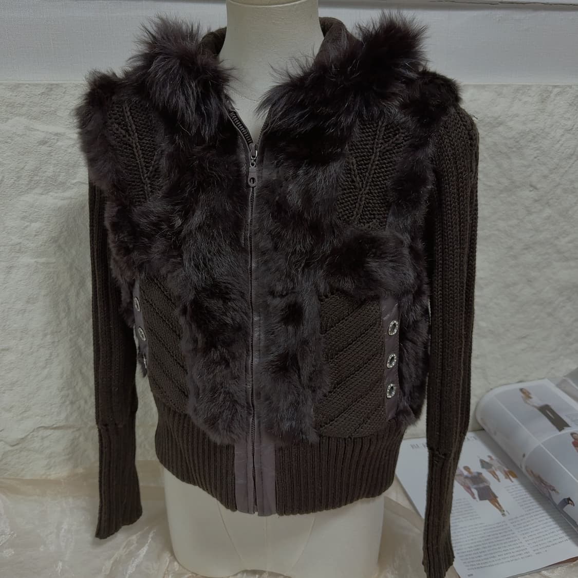 빈티지 브라운 폭스퍼 후드 꽈배기 토끼털 니트자켓 후드집업 상품이미지1