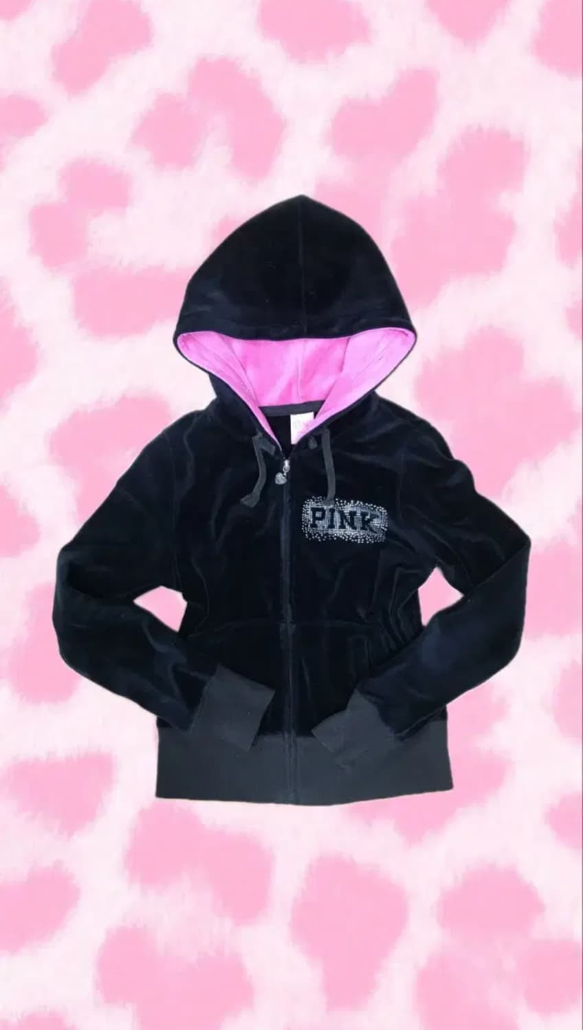갸루 PINK 블랙 벨벳 후드집업 y2k 일본빈티지 상품이미지1