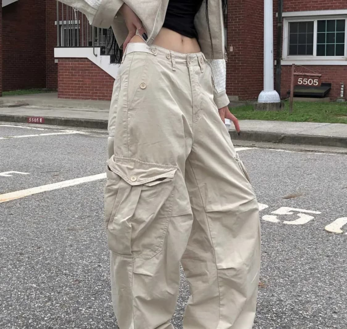 Ootj 벨 카고 팬츠 조거팬츠 와이드 카고 베이지 상품이미지1