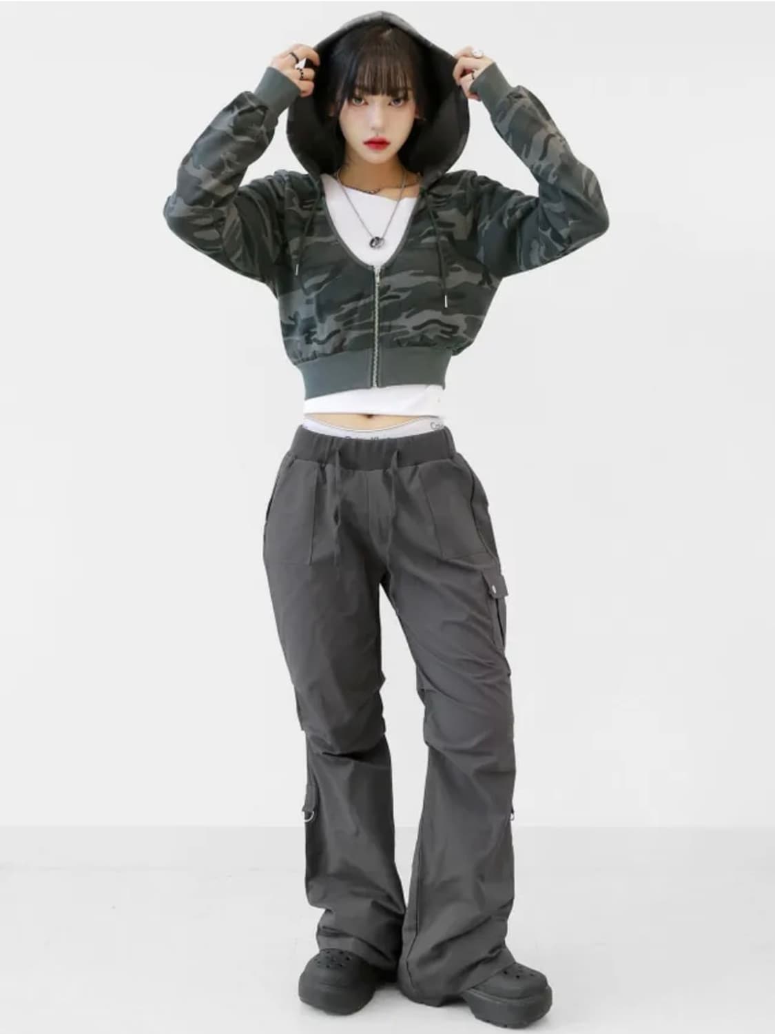 밀리터리 카모패턴 슬림핏 크롭 후드집업 상품이미지5