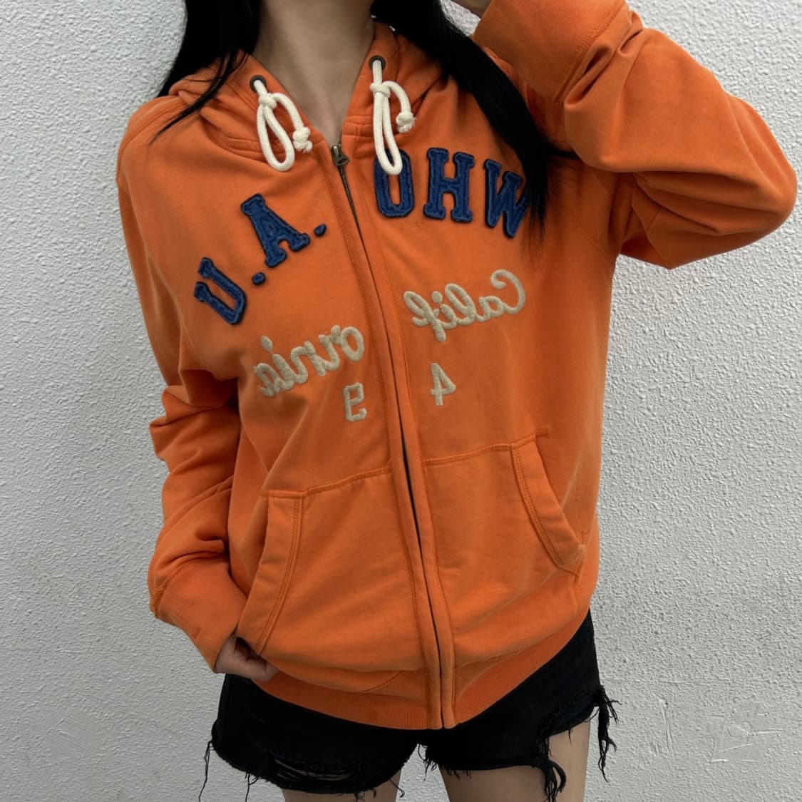 후아유 네이비 패치로고 파스텔 오렌지 후드집업 XL 상품이미지1