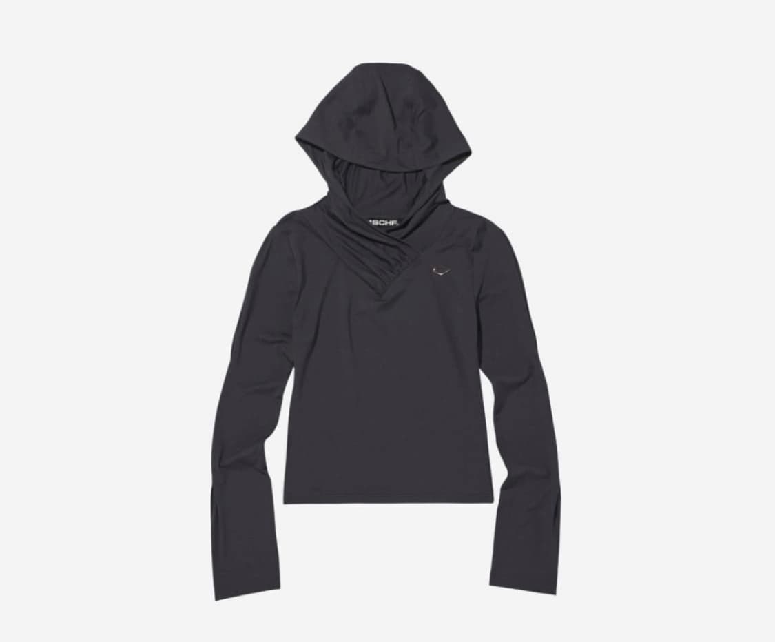 미스치프 후드 셔링 오버랩 탑 차콜 상품이미지1