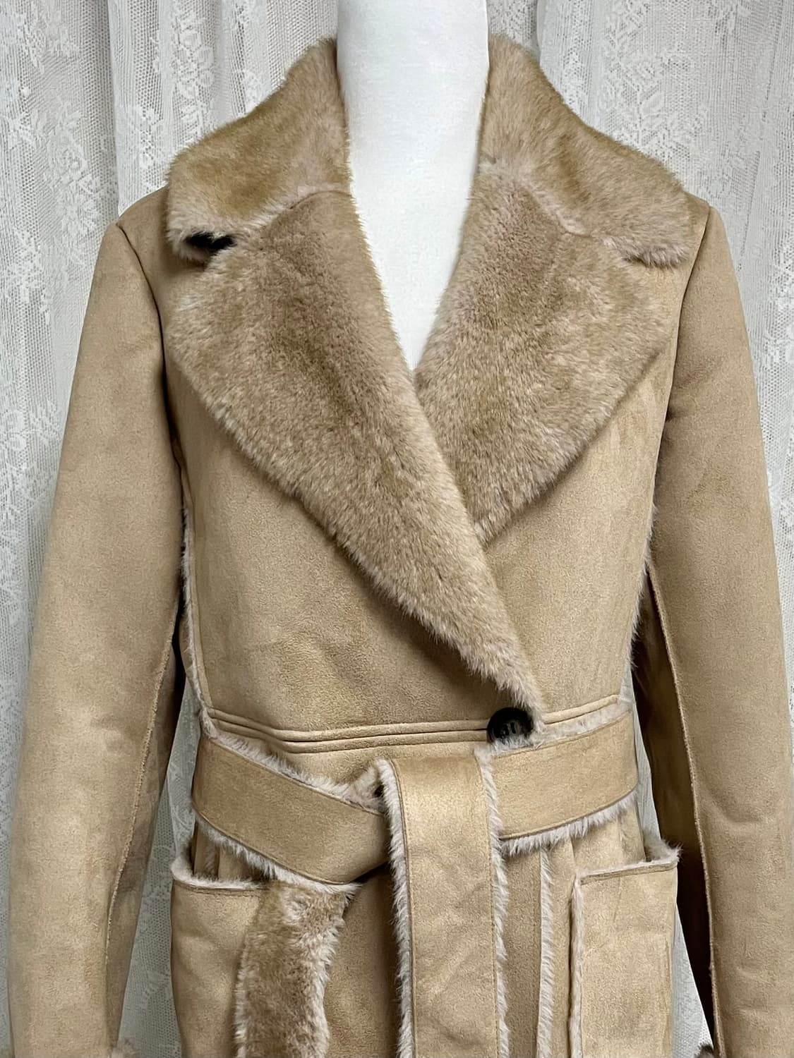 XS) dkny 도나카란 노치드 칼라 벨트 무스탕 코트 상품이미지2