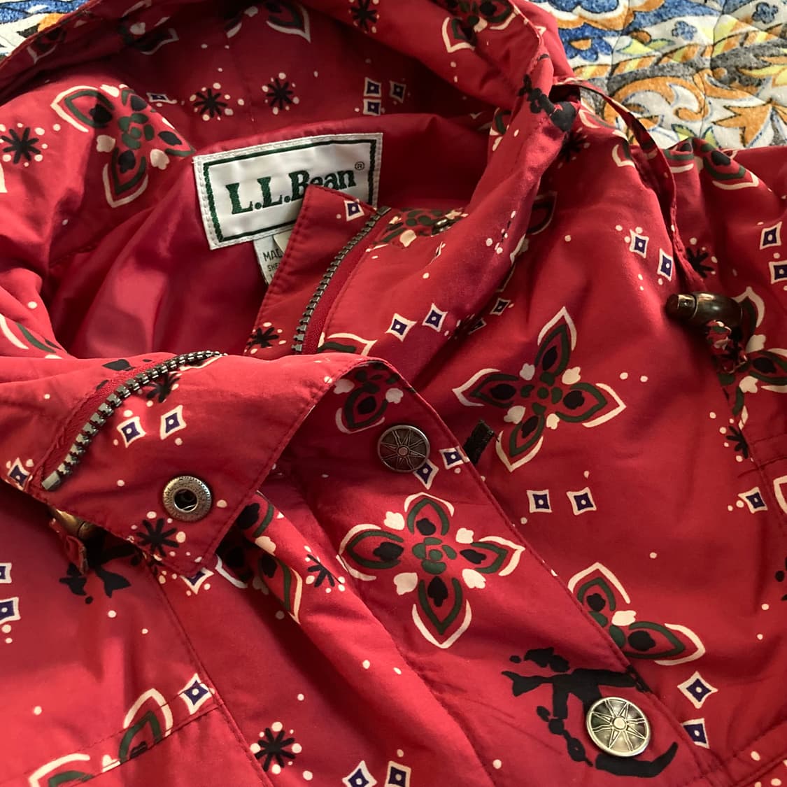 올드 빈티지 LLBean 페이즐리 패턴 레드 웜업 메탈 버튼 아노락 자켓 상품이미지6