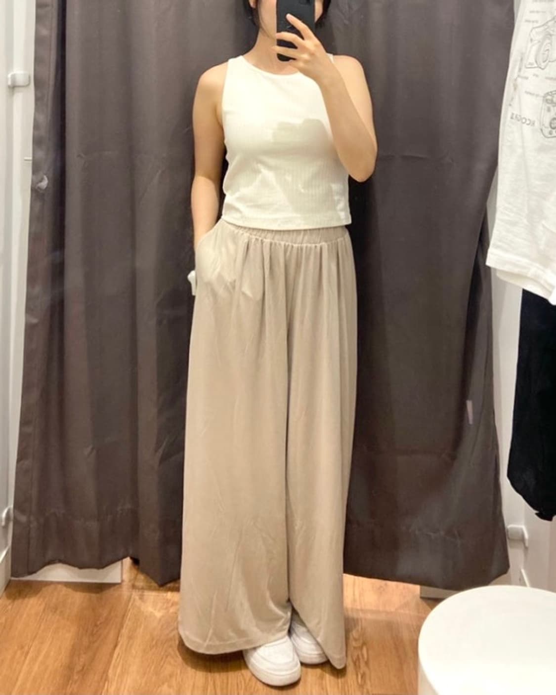 유니클로 개더 와이드 밴딩 팬츠 와이드 코튼 면 스웻 베이지 아이보리 M 상품이미지2