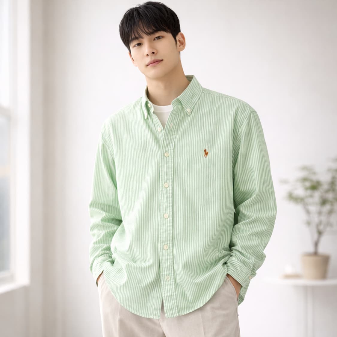 랄프로렌 포니 자수 스트라이프 버튼다운 셔츠 그린 상품이미지2