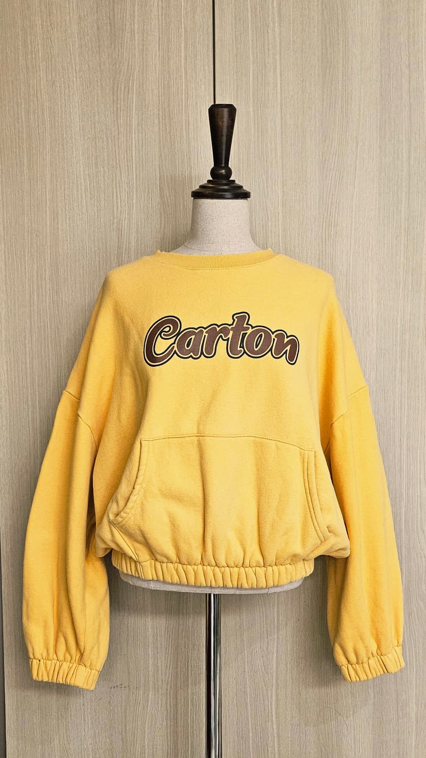 노랑색 귀여운 박시핏 가오리소매 셔링밴드 크롭 기모 맨투맨 44~55 상품이미지2