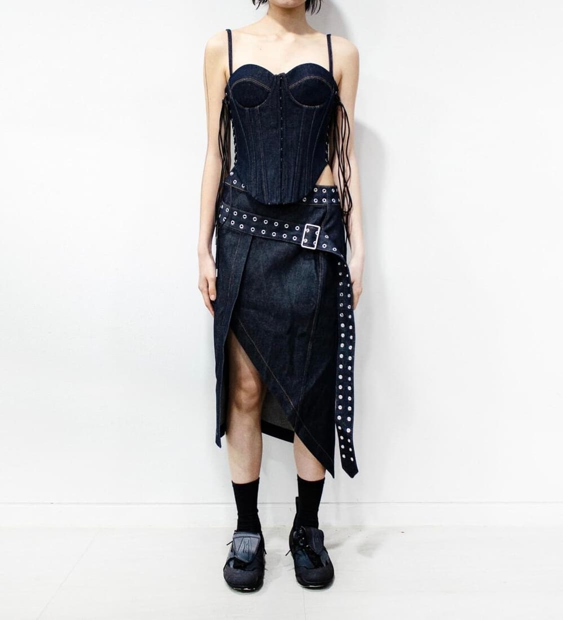 [34] 마크공 markgong 랩 타이 데님 미디스커트 상품이미지4